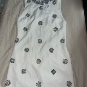 Alice + Olivia White Sleeveless Mini Dress with Crystal Floral Embellishments